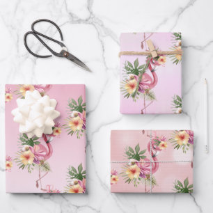 Rosa Flamingos Exotische Blume Geschenkpapier Set