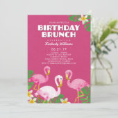 Rosa Flamingos Geburtstag Brunch Fuchsie Einladung (Stehend Vorderseite)