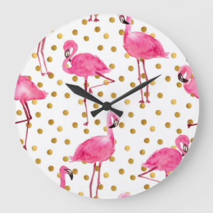 Rosa Flamingos, goldene Punkte, Aquarell. Große Wanduhr