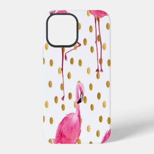 Rosa Flamingos, goldene Punkte, Aquarell. iPhone 12 Hülle