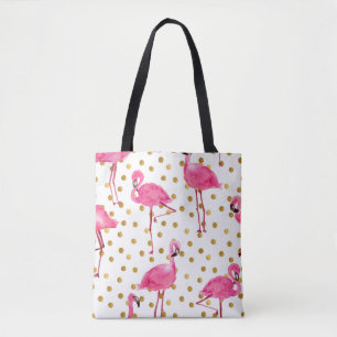 Rosa Flamingos, goldene Punkte, Aquarell. Tasche
