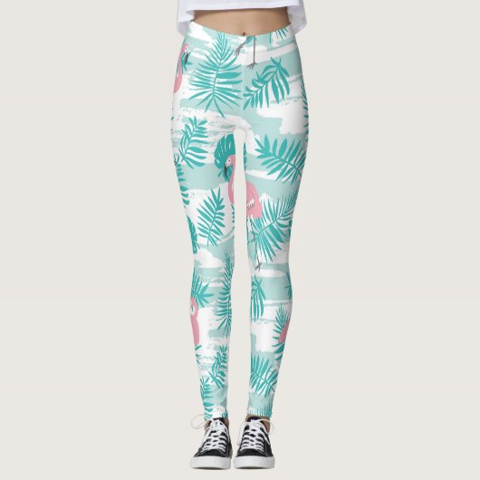 Rosa Flamingos, grüne Blätter aus Palmen, tropisch Leggings (Vorderseite)