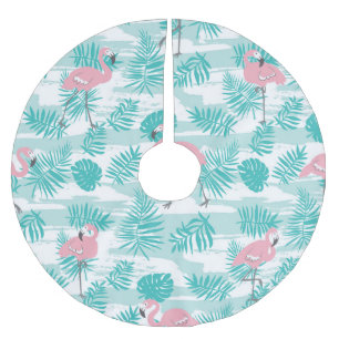 Rosa Flamingos, grüne Blätter aus Palmen, tropisch Polyester Weihnachtsbaumdecke