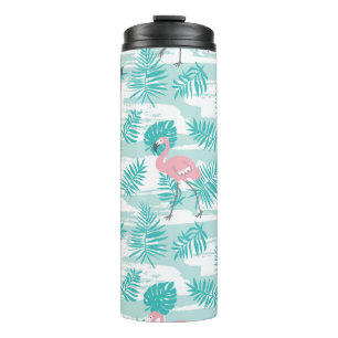 Rosa Flamingos, grüne Blätter aus Palmen, tropisch Thermosbecher