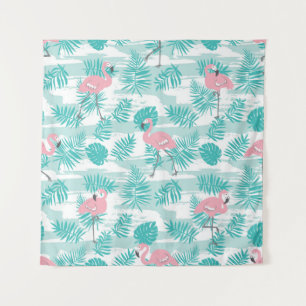 Rosa Flamingos, grüne Blätter aus Palmen, tropisch Wandteppich