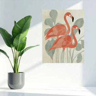 Rosa Flamingos Grüne Pflanzen Wasserfarbe Stylisch Poster