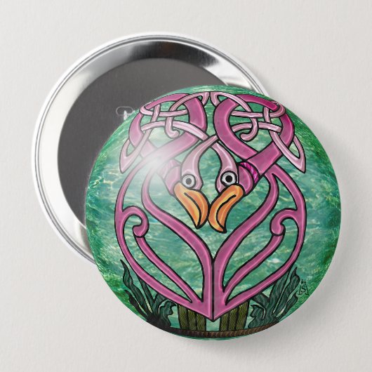 Rosa Flamingos in einem keltischen Knoten Button (Vorne & Hinten)