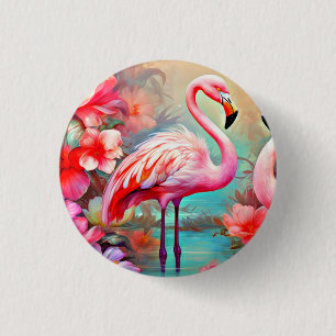 Rosa Flamingos in einem See mit Blume-20231 Button