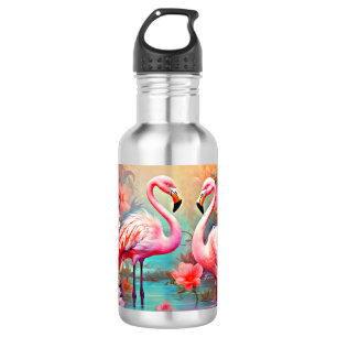 Rosa Flamingos in einem See mit Blume-20231 Edelstahlflasche
