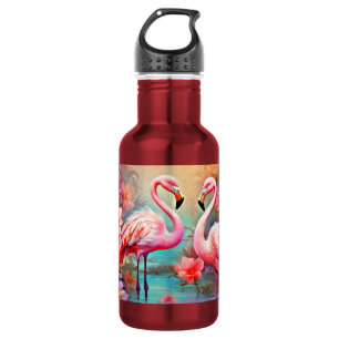 Rosa Flamingos in einem See mit Blume-20231 Edelstahlflasche