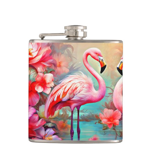 Rosa Flamingos in einem See mit Blume-20231 Flachmann (Vorderseite)