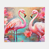 Rosa Flamingos in einem See mit Blume-20231 Fleecedecke (Vorderseite (Horizontal))