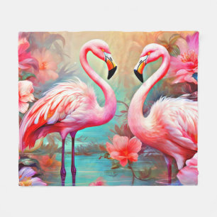 Rosa Flamingos in einem See mit Blume-20231 Fleecedecke