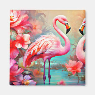 Rosa Flamingos in einem See mit Blume-20231 Magnet