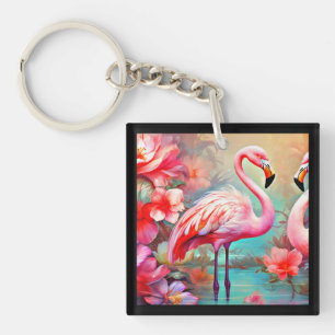 Rosa Flamingos in einem See mit Blume-20231 Schlüsselanhänger