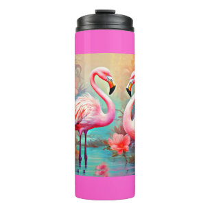 Rosa Flamingos in einem See mit Blume-20231 Thermosbecher