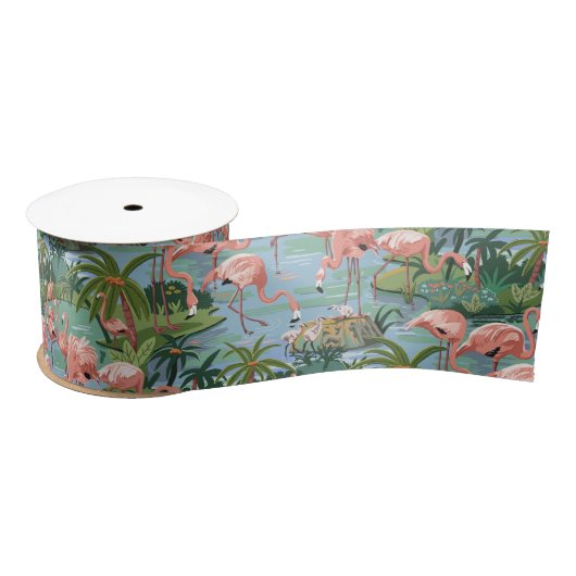 Rosa Flamingos in einer tropischen blauen Lagune R Satinband (Spule)