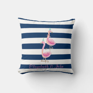 Rosa Flamingos in Liebe,Navy Blau Gestreift Kissen