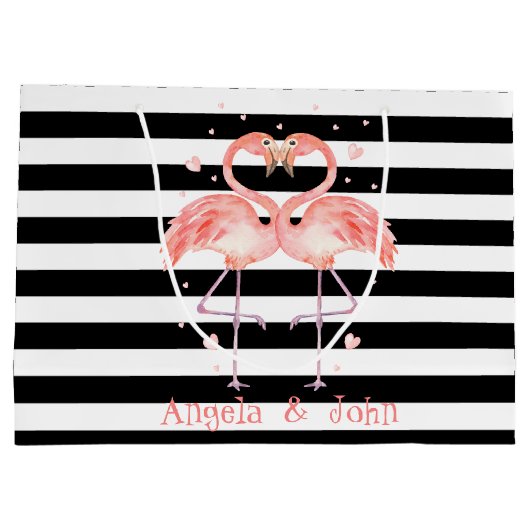 Rosa Flamingos in Liebe, Schwarz-weiße Streifen Große Geschenktüte (Rückseite)