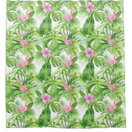 Rosa Flamingos in tropischen Blättern auf Weiß Duschvorhang