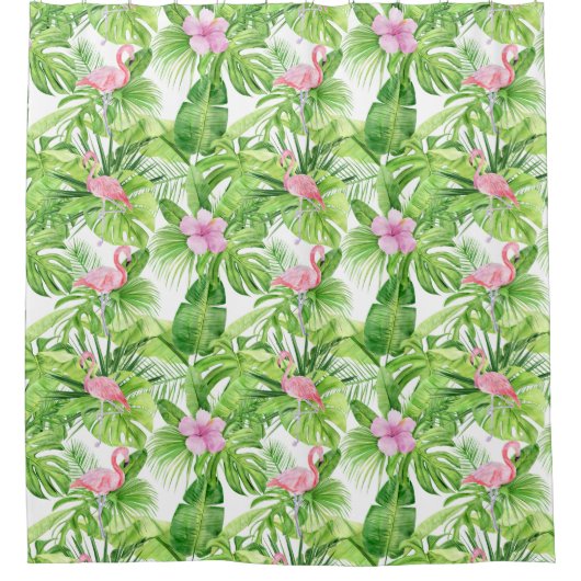Rosa Flamingos in tropischen Blättern auf Weiß Duschvorhang (Vorderseite)