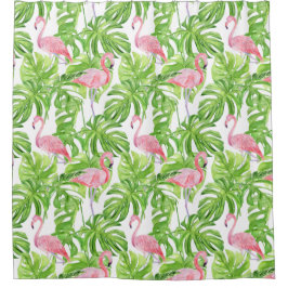 Rosa Flamingos in tropischen Blättern auf weißer D Duschvorhang