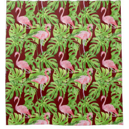 Rosa Flamingos in tropischen Foliage am Maroon Duschvorhang