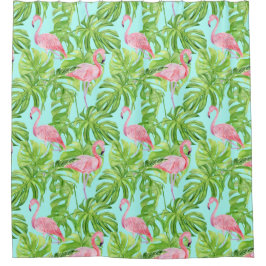 Rosa Flamingos in tropischen Foliage auf Aqua Duschvorhang
