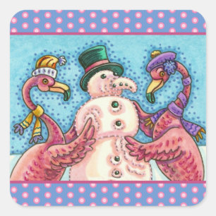 ROSA FLAMINGOS MACHEN SCHNEEMANN, LUSTIGE WEIHNACH QUADRATISCHER AUFKLEBER