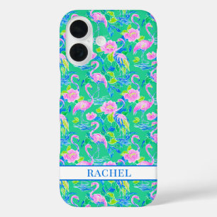 Rosa Flamingos mit Monogramm iPhone 16 Hülle