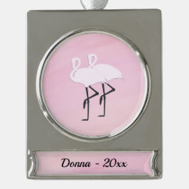 Rosa Flamingos mit Name und Datum Banner-Ornament Silber