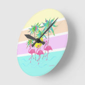 Rosa Flamingos mit Palmen, Coole Runduhr Runde Wanduhr (Winkel)