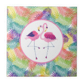 Rosa Flamingos mit tropischem Blattmuster Fliese (Vorderseite)