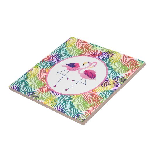Rosa Flamingos mit tropischem Blattmuster Fliese (Seite)
