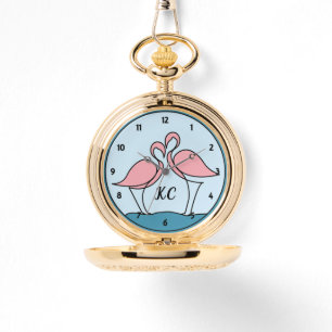 Rosa Flamingos Monogramm Goldene Taschenuhr Armbanduhr