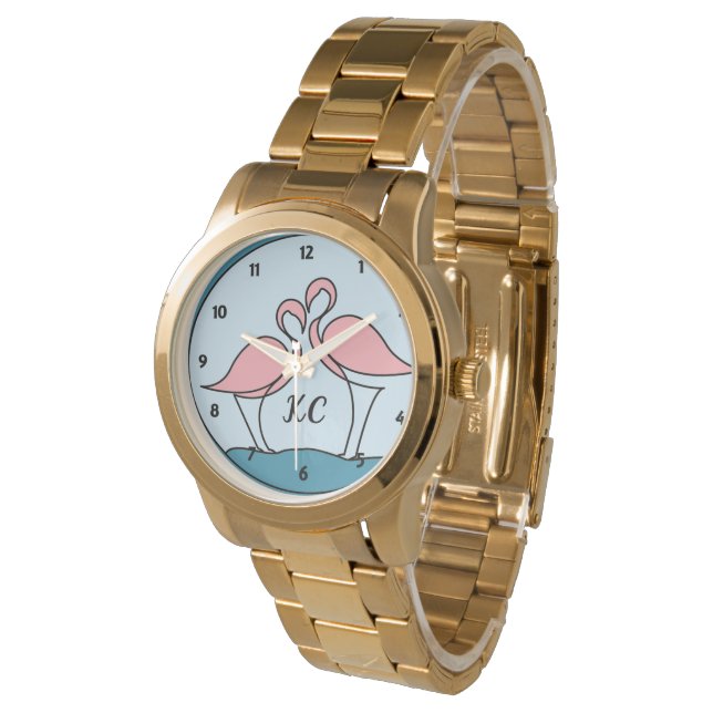 Rosa Flamingos Monogramm Oversifiziertes Gold Brac Armbanduhr (Schrägansicht)