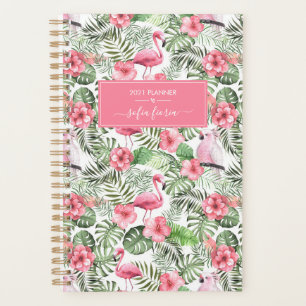Rosa Flamingos Nymphensittiche Palmen Schriftname Planer