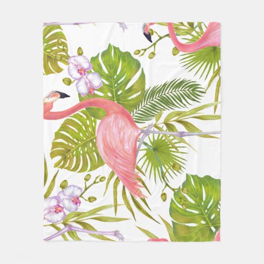Rosa Flamingos, Orchideen: Aquarellmuster. Fleecedecke (Vorderseite)