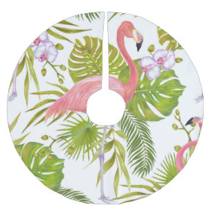 Rosa Flamingos, Orchideen: Aquarellmuster. Polyester Weihnachtsbaumdecke