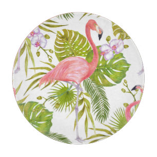 Rosa Flamingos, Orchideen: Aquarellmuster. Schneidebrett