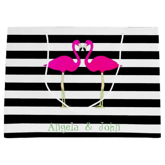 Rosa Flamingos, Schwarz-weiße Streifen, Personalis Große Geschenktüte (Vorderseite)