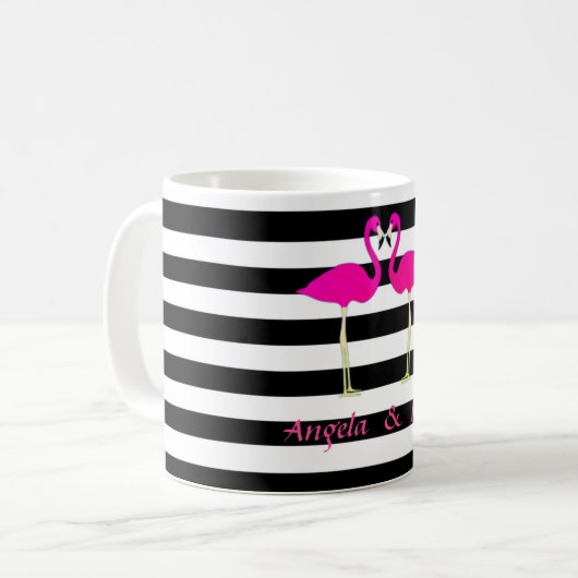 Rosa Flamingos, Schwarz, Weiße Streifen Personalis Kaffeetasse (Vorderseite Links)