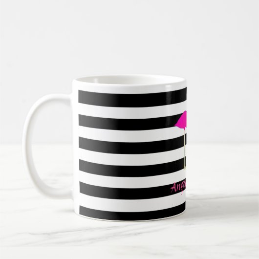 Rosa Flamingos, Schwarz, Weiße Streifen Personalis Kaffeetasse (Links)