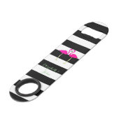 Rosa Flamingos, Schwarz-weiße Streifen, Personalis Speedflaschenöffner (Vorderseite Schrägansicht)