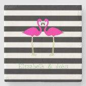 Rosa Flamingos, Schwarz-weiße Streifen, Personalis Steinuntersetzer (Vorderseite)
