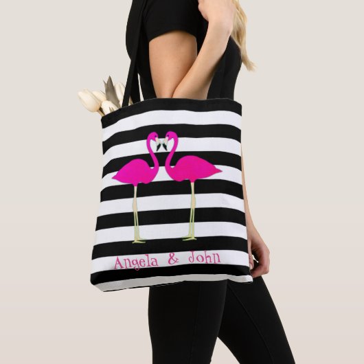 Rosa Flamingos, Schwarz, Weiße Streifen Personalis Tasche (Von Nahem)