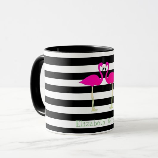 Rosa Flamingos, Schwarz-weiße Streifen, Personalis Tasse (Vorderseite Links)