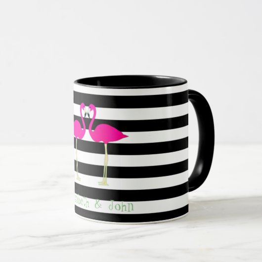 Rosa Flamingos, Schwarz-weiße Streifen, Personalis Tasse (VorderseiteRechts)