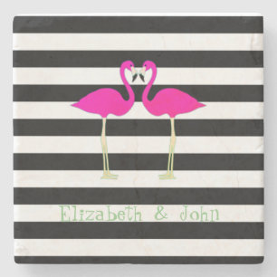 Rosa Flamingos, schwarze weiße Streifen, personali Steinuntersetzer