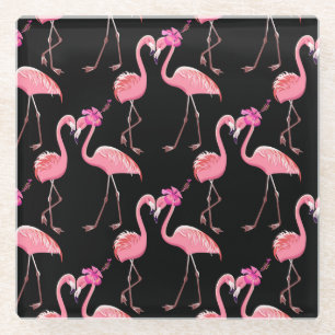 Rosa Flamingos: Schwarzer Hintergrund Vintage Glasuntersetzer
